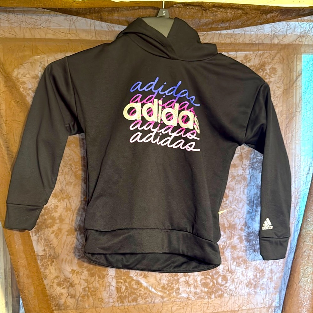 Girl’s Adidas Cursive Print Logo Black Long Sleeve Hoodie